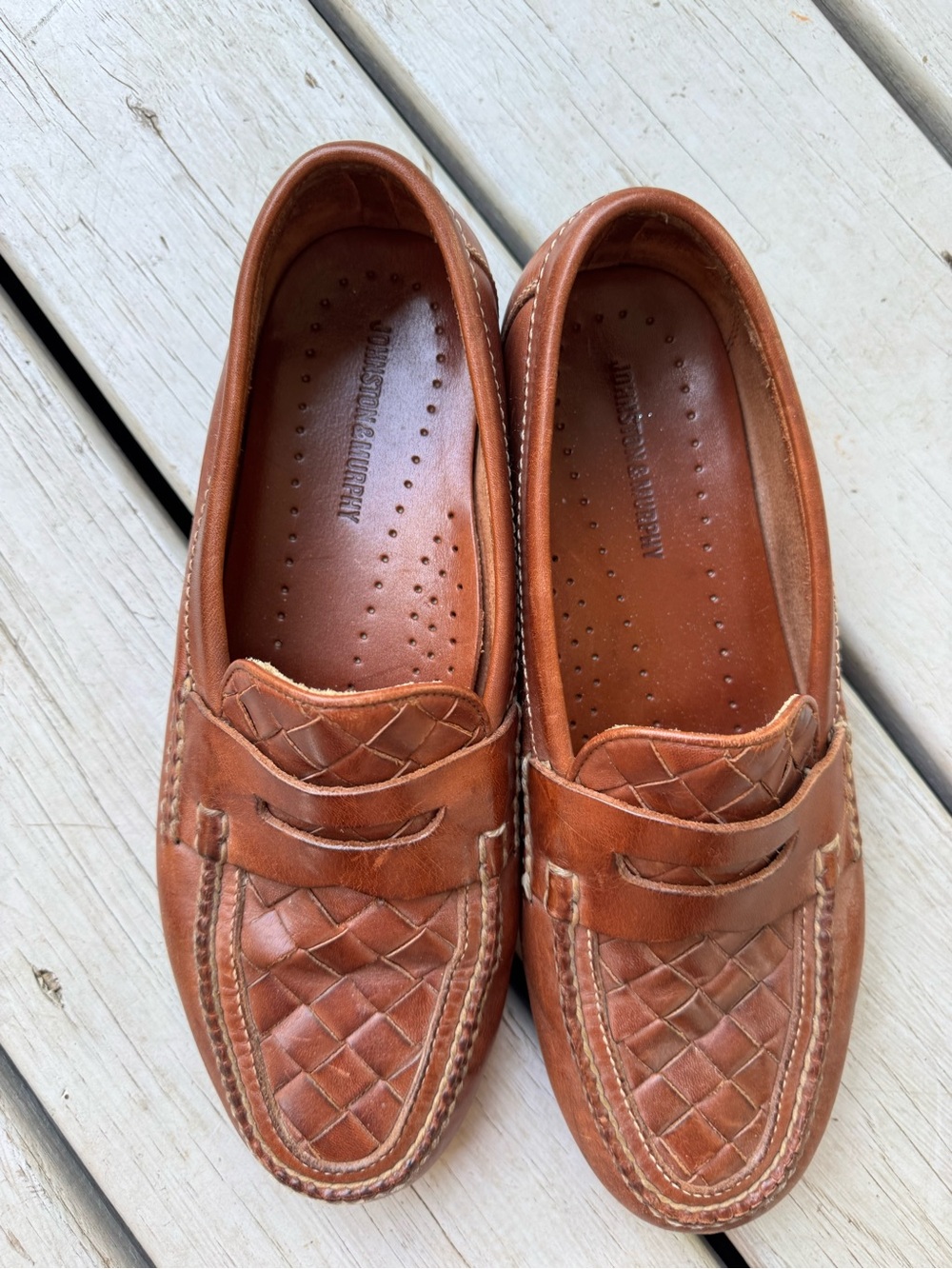 Johnston & Murphy Tan Woven Leather Penny Loafers